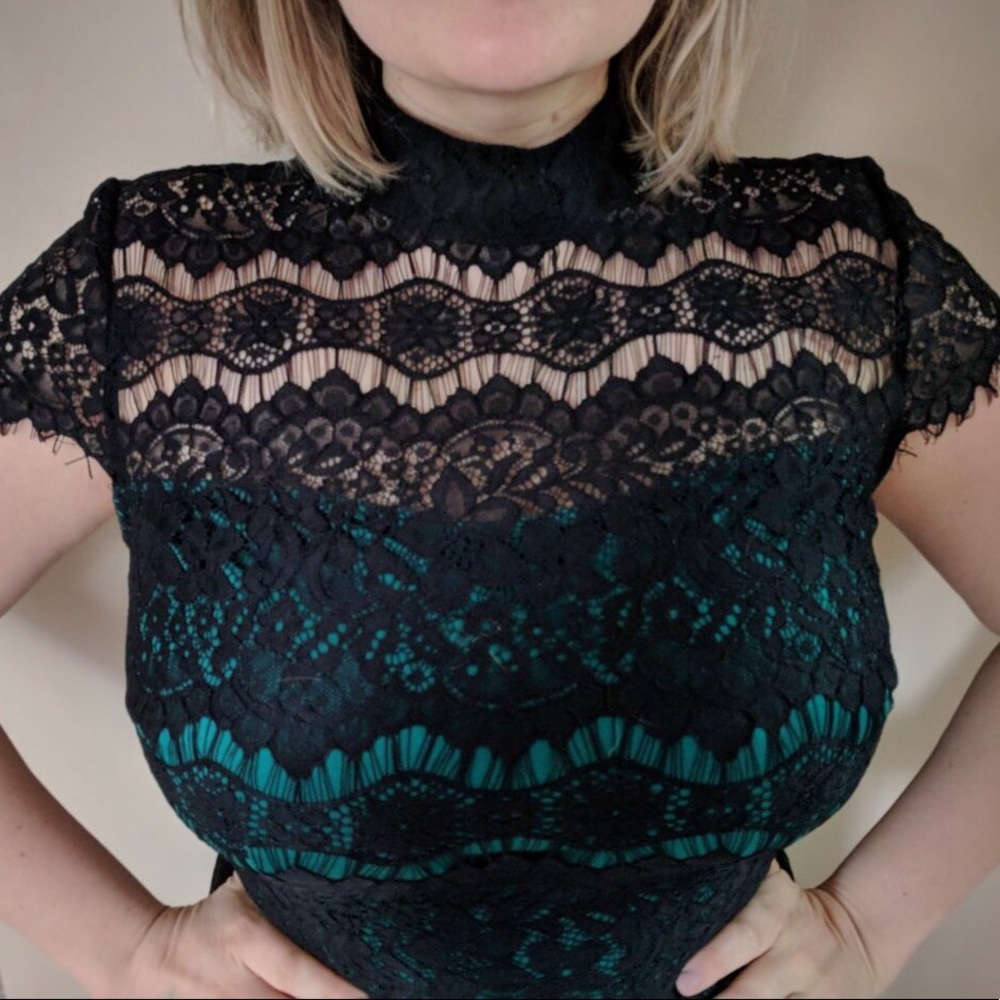 Cocktail Dress - Black & Green w/ Lace - NWOT